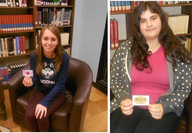 Victoria Jungermann and Bridget Grenier with their gift card prizes.