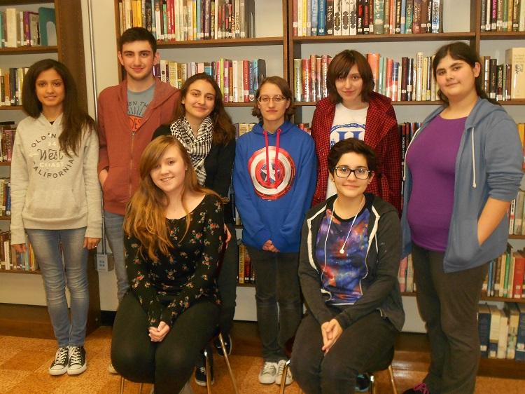 Short story contest authors (back row left to right) Alennys Nieves, Hamze Barouk, Nadia Barouk, Danielle Maggiore, Maizie Baltes, Victoria Jungermann. Front row: First place winner, Alexa Gassler; second place winner Lauren Rivera. Not pictured: Chris Branagh, Jessica Mulkey, Nick Rosendale