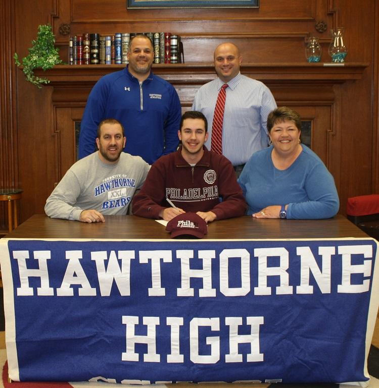 Bears baseball pitcher Dave Mascis signing a NCAA National Letter of Intent to play for Philadelphia University. Left to right: Peter Mascis, Coach John Passero, Dave Mascis, Athletic Director Art Mazzacca, and Joline Mascis