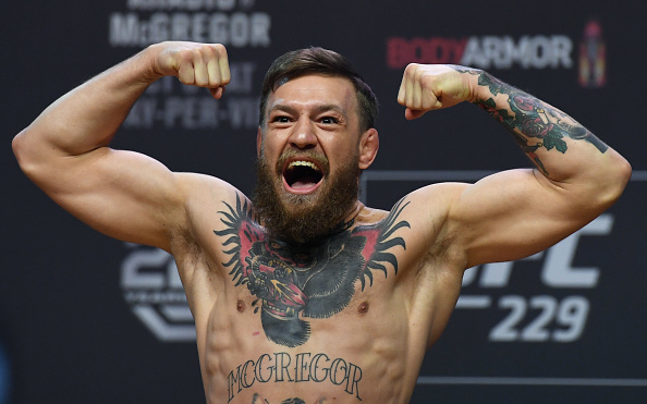 LAS VEGAS, NEVADA - OCTOBER 05:  Conor McGregor poses during a ceremonial weigh-in for UFC 229 at T-Mobile Arena on October 05, 2018 in Las Vegas, Nevada. McGregor will challenge UFC lightweight champion Khabib Nurmagomedov for his title at UFC 229 on October 6 at T-Mobile Arena in Las Vegas.  (Photo by Ethan Miller/Getty Images)