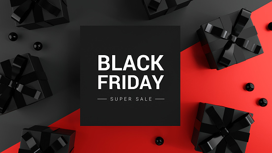 Black Friday Super Sale. Realistic black gifts boxes on dark and red background. Banner poster, header website. 3d render.