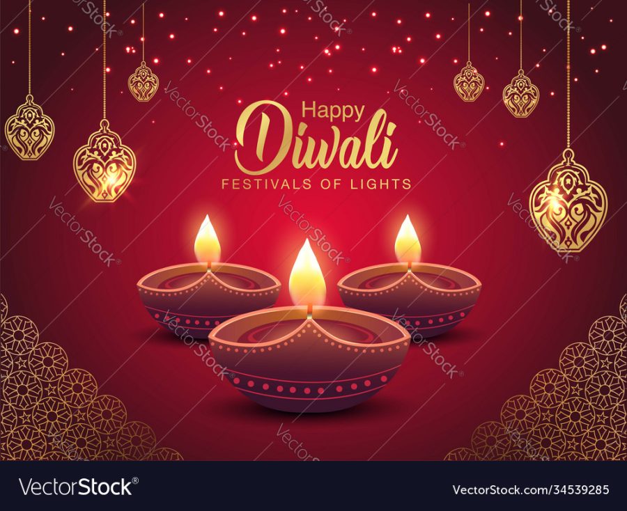Happy Diwali celebration background. front view of banner design decorated with illuminated oil lamps on patterned red background. vector illustration
