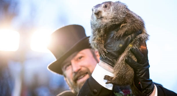 PUNXSUTAWNEY, PA - FEBRUARY 02: Punxsutawney Phil is held up by his handler for the crowd to see during the ceremonies for Groundhog day on February 2, 2018 in Punxsutawney, Pennsylvania. Phil predicted six more weeks of winter after seeing his shadow. Groundhog Day is a popular tradition in the United States and Canada where people await the sunrise and the groundhogs exit from his winter den. If Punxsutawney Phil sees his shadow he regards it as an omen of six more weeks of bad weather and returns to his den. Early spring arrives if he does not see his shadow, causing Phil to remain above ground. (Photo by Brett Carlsen/Getty Images)